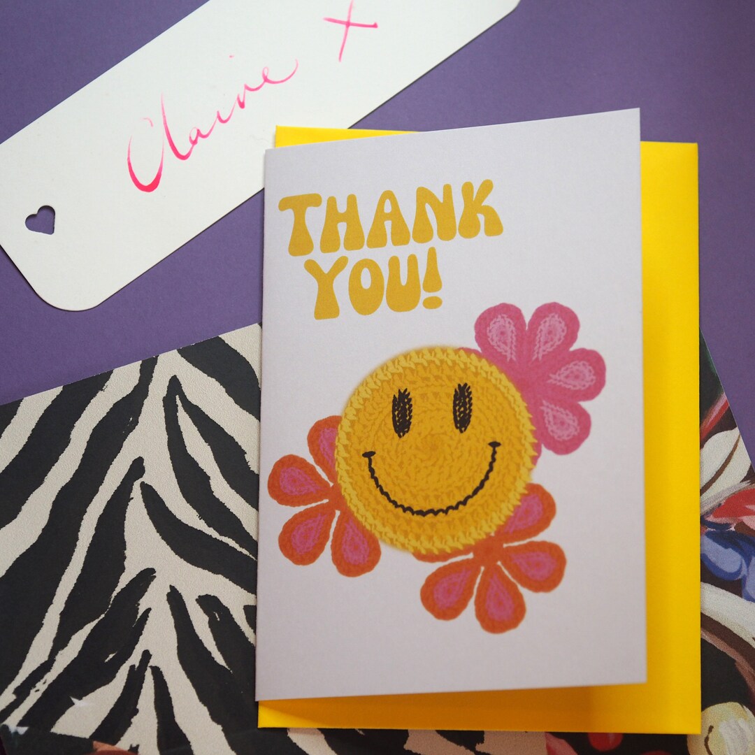 Smiley Crochet Face Thank You Card Personalise Inside and Etsy UK