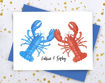 Personalised Lobster Couple Card - fun engagement card, wedding card, anniversary or Valentine's card. Romantic funny card for him / her