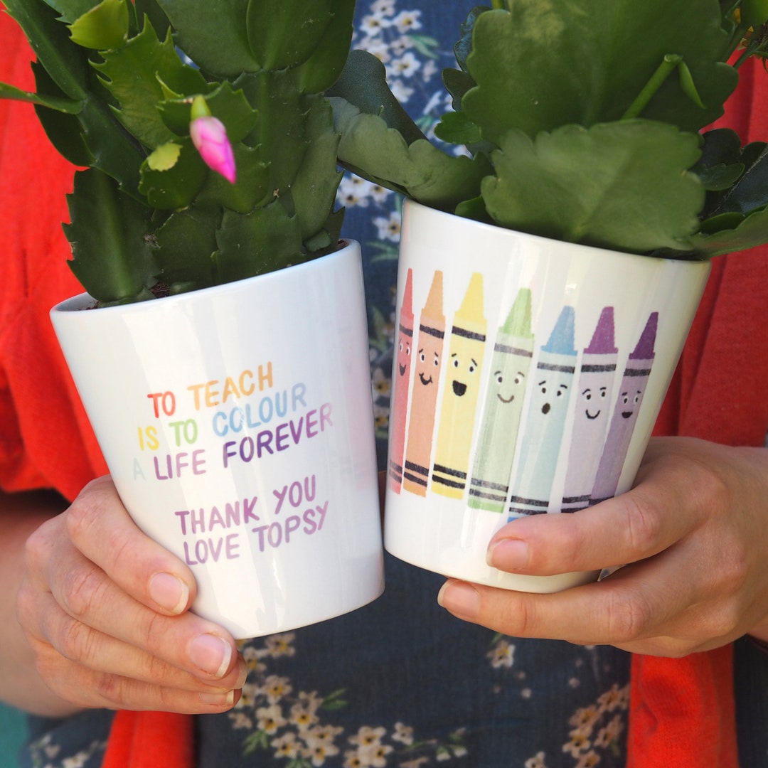 Titor Pot Personalised Teacher Plant Pot Rainbow Crayons Gift Positive Quote ...