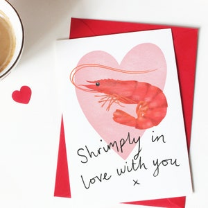 Prawn pun Valentine Card "Shrimply in love with you" Funny romantic card for boyfriend, girlfriend, husband or wife - Can be personalised