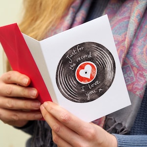 Vinyl Record anniversary card "Just for the record, I love you". Cute Valentine card for boyfriend, girlfriend, husband, wife, music lovers