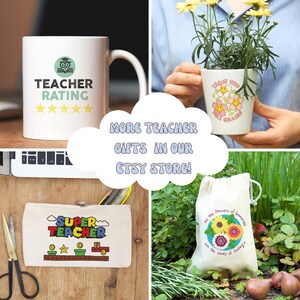 May include: Four different teacher gifts: a white mug with the text "Teacher Rating" and five stars, a white mug with the text "Thank You Mrs. Gillian", a white canvas tote bag with the text "Super Teacher" and a white canvas tote bag with the text "All the flowers of tomorrow are the seeds of today".