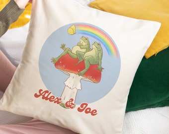 Personalised Frogs Cushion - Couples Names Gift  - Cosy Toadstool Rainbow - Wedding Present - anniversary / engagement / Valentine's pillow