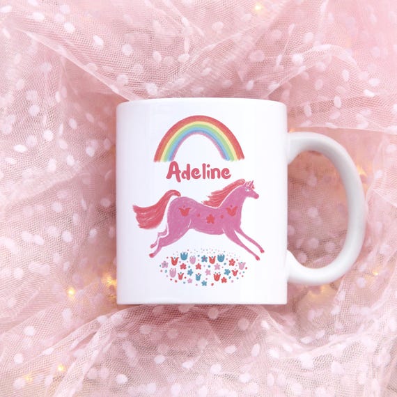 Rainbow Unicorn Personalised Mug : Custom Name Gift For Girls