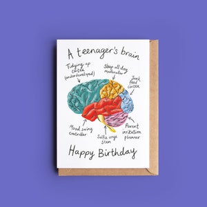 May include: A humorous illustration of a teenager's brain with different sections labelled, including "Junk food cortex", "Sleep all day moderator", "Mood swing controller", "Selfie urge stem", and "Parent irritation planner". The card says "Happy Birthday".