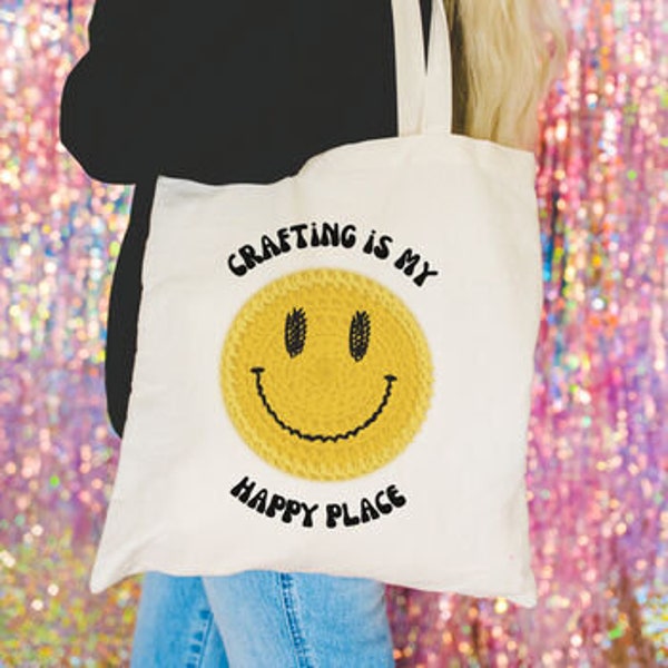 Funny Craft Bag - retro smiley face tote bag gift w/ crochet / knitting /crafting slogans - crafting is my therapy / don't worry get crafty