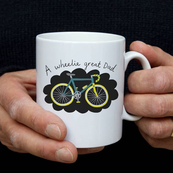 Witty bike pun  "Wheelie great dad" mug - perfect gift for Dad on Father's day, birthday or Christmas! Funny mug for a Dad who loves cycling