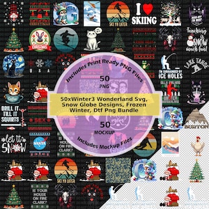 Puede incluir: Un paquete de arte digital con 50 archivos PNG y maquetas con temas de invierno y Navidad. Los diseños incluyen bolas de nieve, gráficos de esquí y texto temático festivo. La colección ofrece una variedad de elementos festivos.