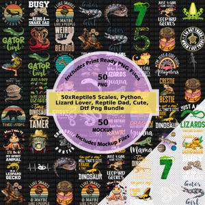 Peut inclure: Un ensemble d'art numérique avec 50 fichiers PNG, présentant des motifs de reptiles. Comprend des images de serpents, de lézards et du texte associé, comme "Gator Girl" et "I Like Snakes". Idéal pour les projets d'impression à la demande.