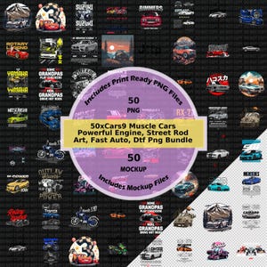 Puede incluir: Un paquete de arte digital con 50 archivos PNG de muscle cars, street rods y coches rápidos. El diseño incluye varias marcas de coches y frases como "Drive It" y "Real Grandpas Drive Hot Rods."