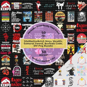 May include: A digital art bundle featuring martial arts designs. Includes various styles like Kenpo, Judo, and Taekwondo, with text such as "Jiu-Jitsu Girl" and "Bruce Lee". The bundle contains 50 print-ready PNG files and 650 mockup files.