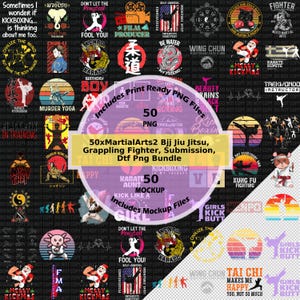 Puede incluir: Un paquete de arte digital con 50 archivos PNG relacionados con artes marciales, incluyendo BJJ, Jiu Jitsu, grappling y kickboxing. Los diseños incluyen gráficos y texto como "Karate", "Wing Chun" y "Kung Fu".