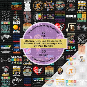 May include: A collection of science-themed digital graphics. The image features various designs, including lab equipment, quotes, and illustrations. The color palette includes black, white, and vibrant accents, suitable for print-ready PNG files and mockups.