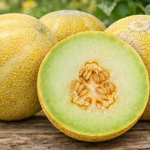May include: Close-up of several ripe cantaloupe melons, one sliced open to reveal the pale green flesh and seeds. The melons have a yellow-orange rind with a textured, netted pattern. The image is set on a rustic wooden surface.