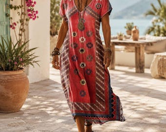 Boho-Maxikleid für Damen, sommerliches Freizeitkleid, fließendes Kleid mit V-Ausschnitt, kurzärmeliges Strandkleid