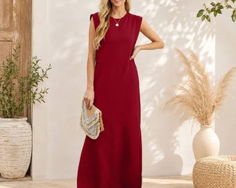 Women's Sleeveless Maxi Dress with Pockets, Casual Crew Neck Long Dress, Side Slit Summer Dress, Loose Fit Everyday Outfit