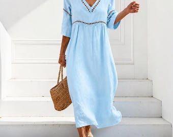 Hellblaues Maxikleid aus Baumwolle mit V-Ausschnitt, Boho-Strandkleid für den Sommer | Geschenk für ihn