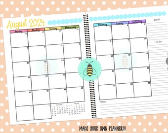 August 2024 Calendar for Planner, Journal Calendar, Notebook Calendar, 2 Page Calendar, Planner Printables, Make Your Own Planner