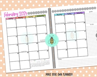 February 2024 Calendar for Planner, Journal Calendar, Notebook Calendar, 2 Page Calendar, Planner Printables, Make Your Own Planner