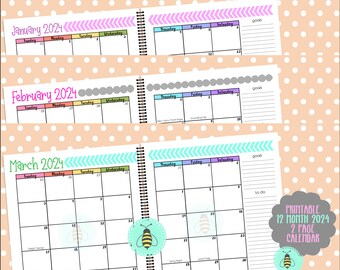 2024 Calendar for Planner, 12 Month Calendar, 2 Page Calendar, Planner Printables