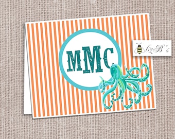 OCTOPUS Note cards// Monogrammed Notes// Folded Note Cards // Ocean-Life Stationery// PERSONALIZED NOTECARDS// Digital