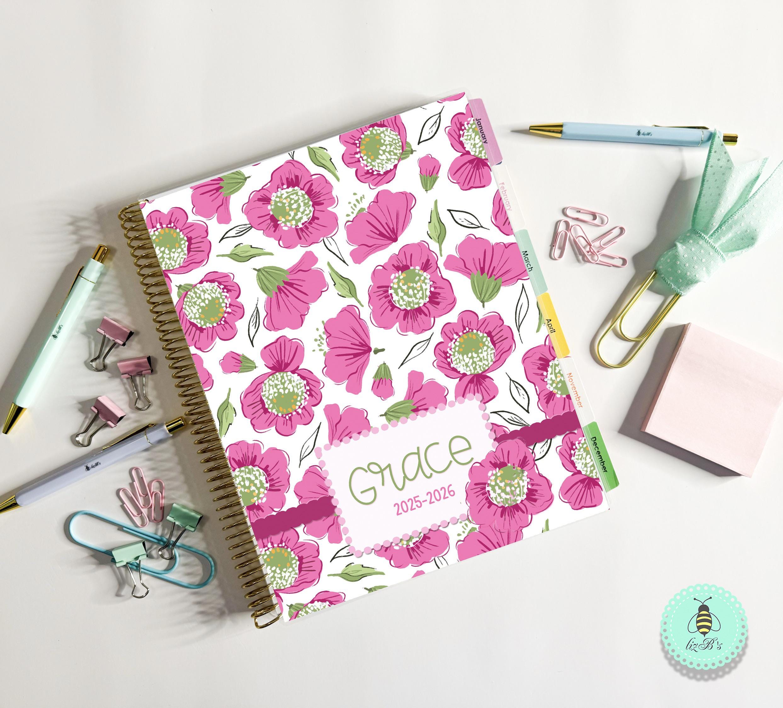 2025-2026 Personalized Daily Planner in Pink Poppies |  | Custom Daily Calendar |  Weekly Planner | 2 Page Month