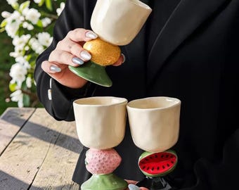 Vaso alto artesanal para batidos / Tazas de cerámica con diseños de fresa, limón y sandía / Tazas de café con ambiente / Regalos para inauguración de casa