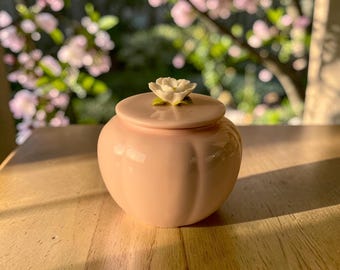 Small Pet Ashes Urn | Handmade Blush Pink Ceramic Jar with Flower Topper | Custom Engraved Name Memorial for Cat, Dog & Bunny