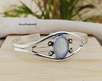 Handmade Aurora Opal Bangle, Sterling Silver Open Cuff, Boho Celestial Jewelry