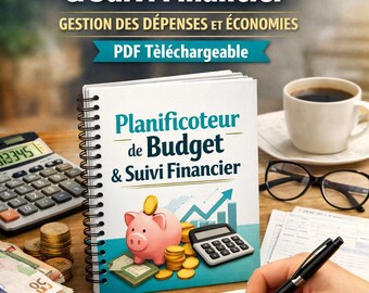 May include: An ebook titled "Planificateur de Budget & Suivi Financier" is displayed on a wooden desk, alongside a calculator, a cup of coffee, and a piggy bank. The image includes a pen, glasses, and a PDF icon.