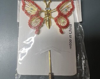 Vtg 1980s Butterfly Stick Pin Brooch Gold Tone Red String Art New Old Stock NOS