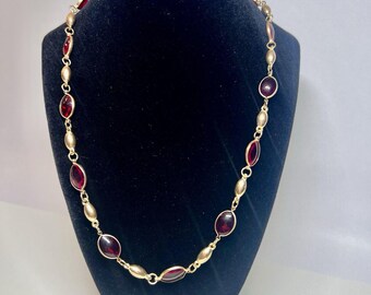 Gold Tone Red Acrylic Bezel Set Necklace Long 28.5" Holiday Fashion Jewelry