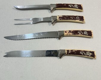 VINTAGE LIFETIME CUTLERY Sheffield England 4-Pc Carving Set Faux Stag Floral