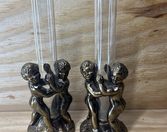 Vintage Victorian Style Cherub Bud Vases - Heavy Metal Angel Candle Holders Pair