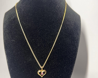 Vintage Gold Tone Pink Rhinestone Heart Pendant Necklace Dainty Curb Chain