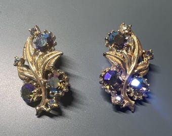 Vintage 1950s Coro Aurora Borealis Rhinestone Floral Clip-On Earrings Gold Tone