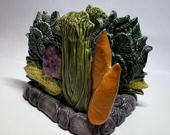 Vintage Ceramic Vegetable Napkin Holder Signed Le Ann Cabbage Corn Carrot 3D