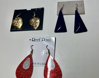 Vintage Costume Earrings Lot 3 Reef Point Red Glitter Heart Navy Triangle Drop