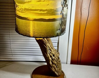 Vintage Cholla Cactus Wood Table Lamp Mid Century Scenic Sunset Photo Shade