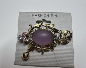 Vintage Gold Tone Filigree Brooch Pin Frosted Purple Stone Rhinestones Dangle 2