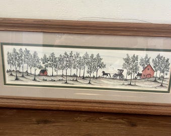Vintage M. Frey Signed Amish Folk Art Lithograph Solid Oak Wood Frame 21" x 10"