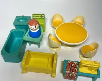 Vintage Fisher Price Little People Play Family Furniture Lot Sewing Table Figure