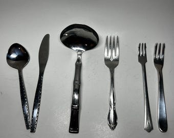 Vtg Stainless Steel Flatware 6pc Lot Oneida Meat Fork Northland Bamboo Ladle