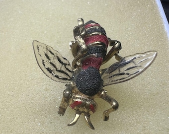 Vtg 1970s Made in Korea Wasp Hornet Bee Mini Lapel Pin Brooch Flocked Box