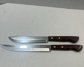 Vintage 2 EKCO FLINT Knife Set Butcher Slicer Stainless Vanadium USA Wood