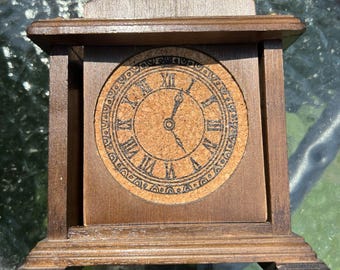 Vintage 1979 Enesco Wooden Clock Coaster Set with Holder - 7 Piece Set