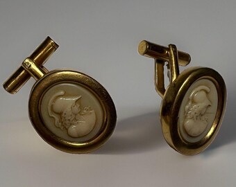 Vintage French Hallmarked Cameo Cufflinks Plaque Mark Warrior Oval