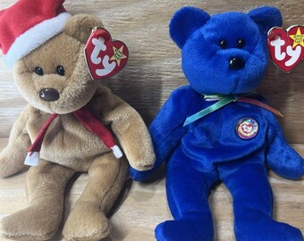 Ty Beanie Baby Lot - 1997 Holiday Teddy & Clubby II Blue Bear - With Tags