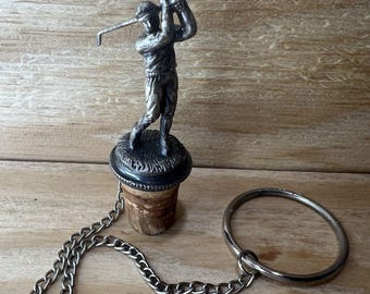 Vintage Pewter Golfer Wine Bottle Stopper with Security Chain & Ring  Barware