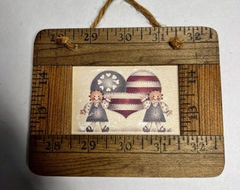 Vintage Primitive Americana Folk Art Wooden Ruler Picture Frame Patriotic Decor